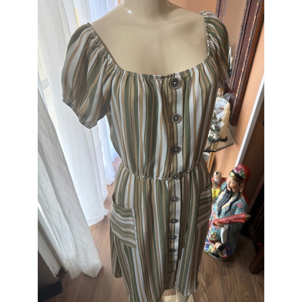 Naif Petite Striped Button Front Midi Dress‎ Green Tan Short Sleeve Pockets PS